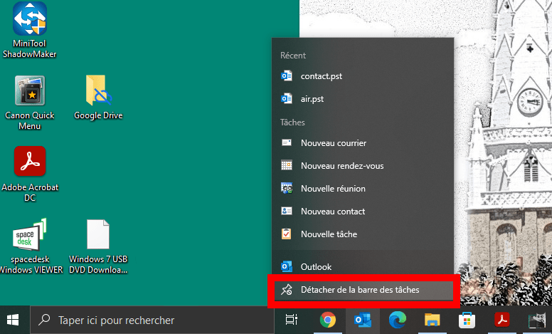 Détacher de la  barre tache de Windows 10