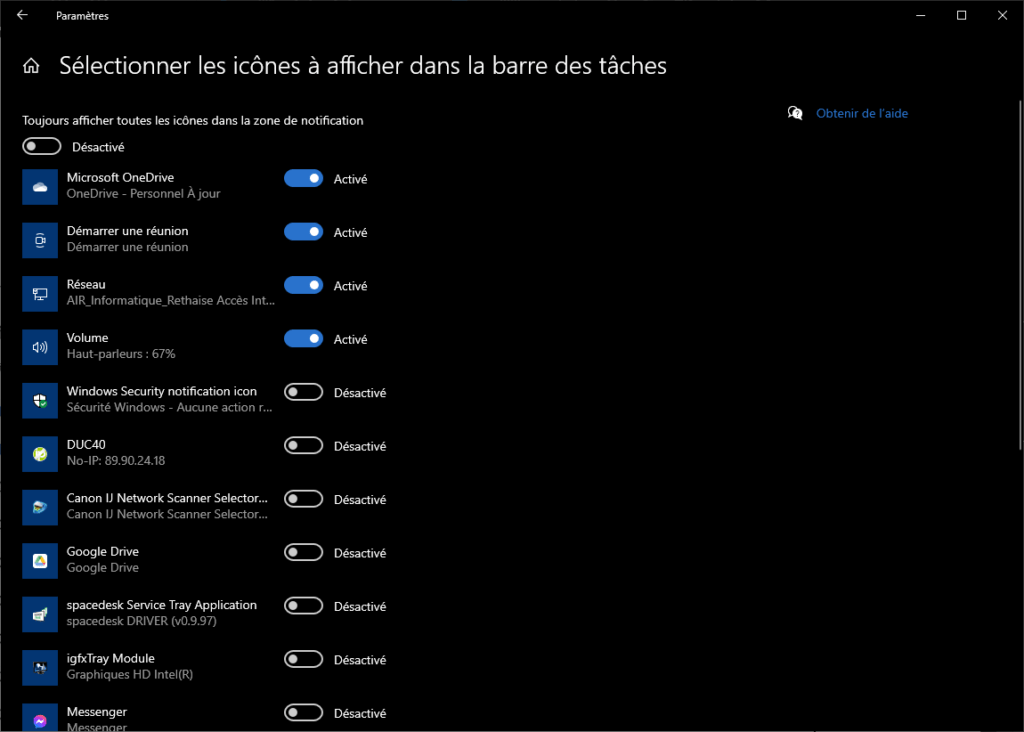 Sélection des icones à afficher, Windows 10