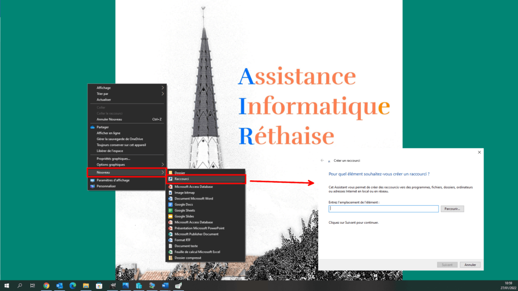 Créer un raccourci avec Windows 10 (lien)