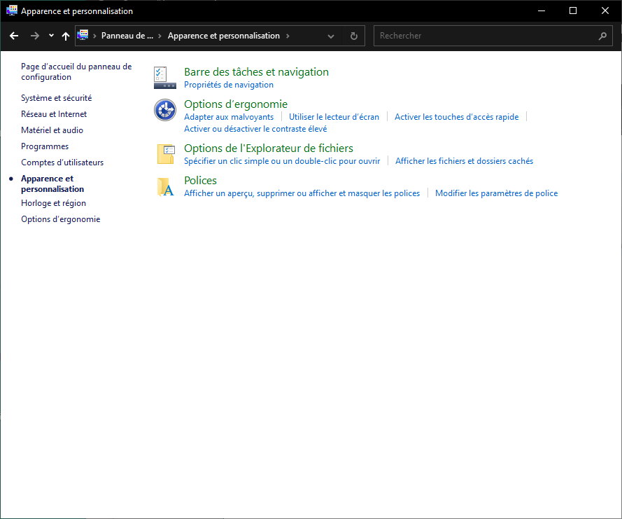 Le Menu Apparence et personnalisation de Windows 10