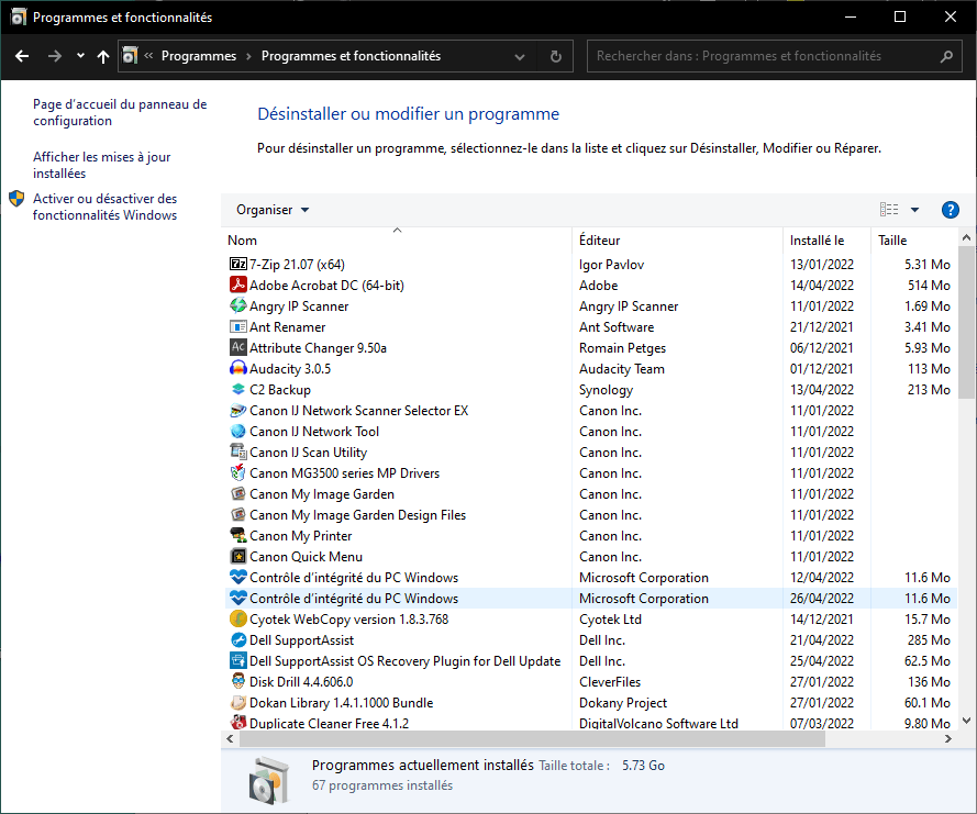 Désinstaller ou modifier un programme avec Windows10