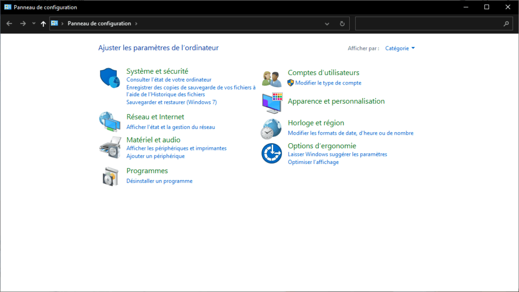 Le panneau de configuration de Windows 10
