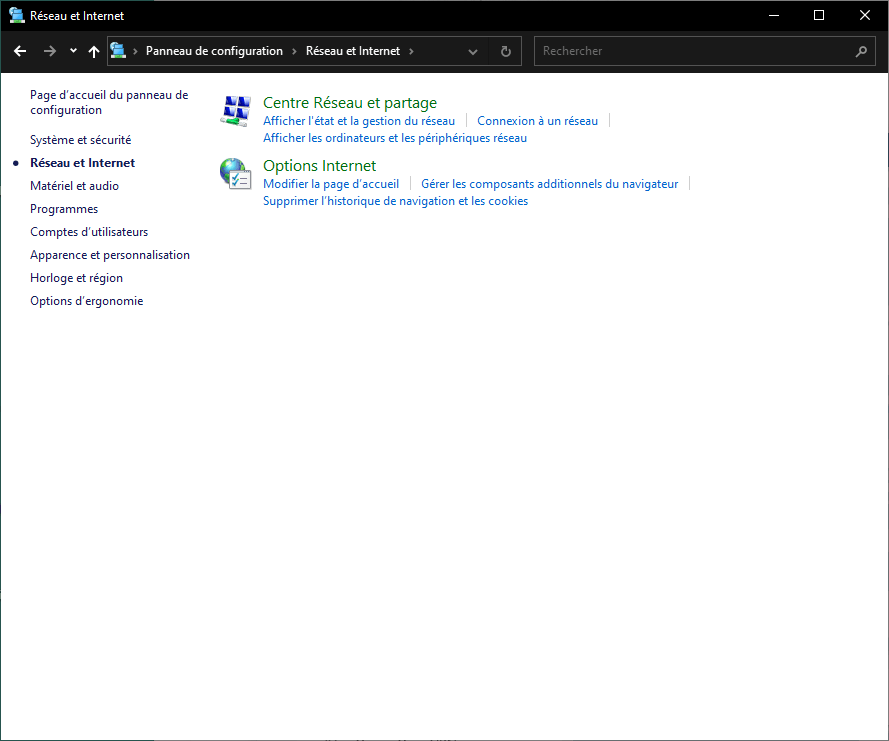 Le menu Réseau et Internet Windows 10
