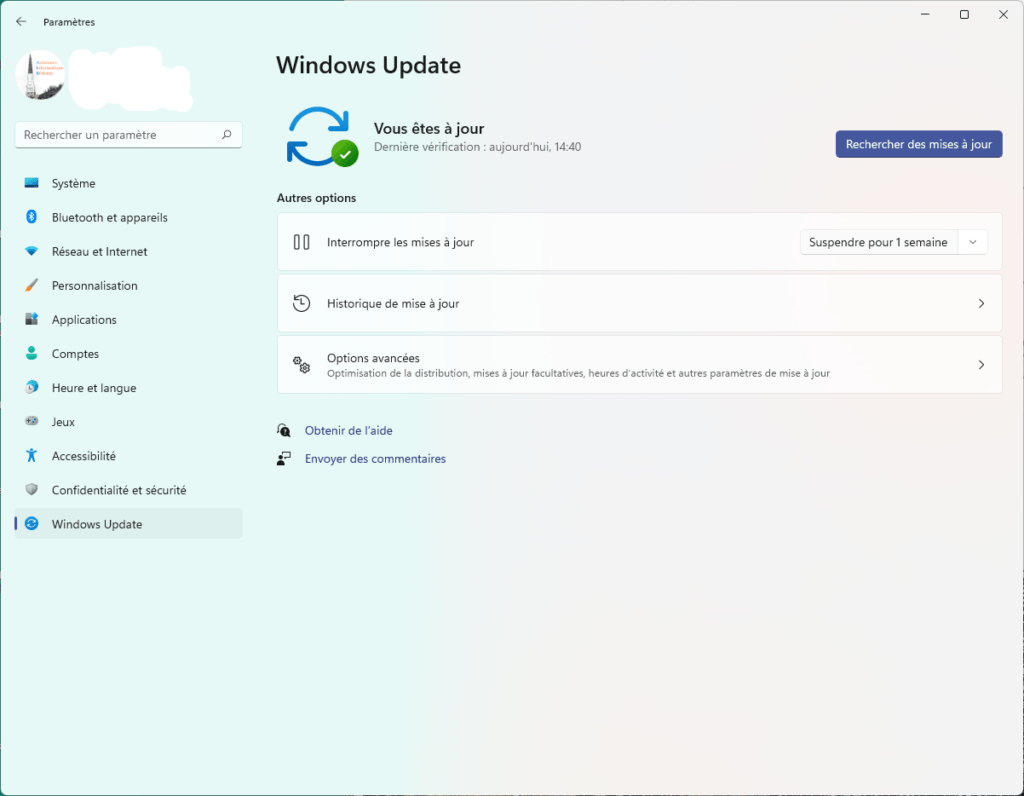 Le menu Windows Update de Windows 11