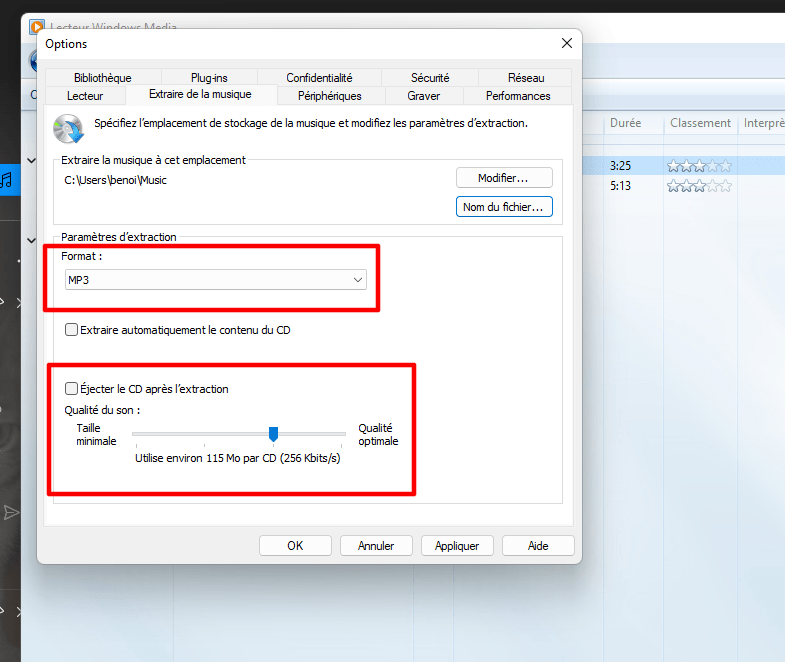 Choix de la qualité audio d'extraction, de Windows Media Player