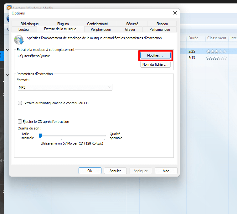 Modification du dossier d'extraction, de Windows Media Player