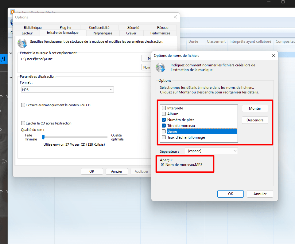 Choix des items dans le nom d'extraction, de Windows Media Player
