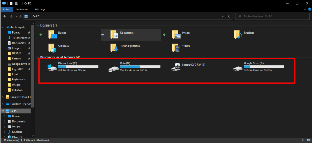 Windows affiche l’espace libre et l’espace utilisé de chaque partition du disque dur principal. Si vous possédez d’autres disques durs, ils sont affichés.