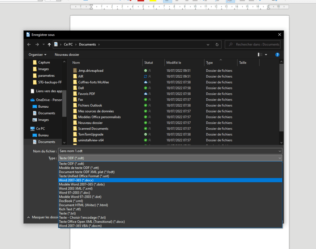 Les formats d'enregistrement de document de LibreOffice