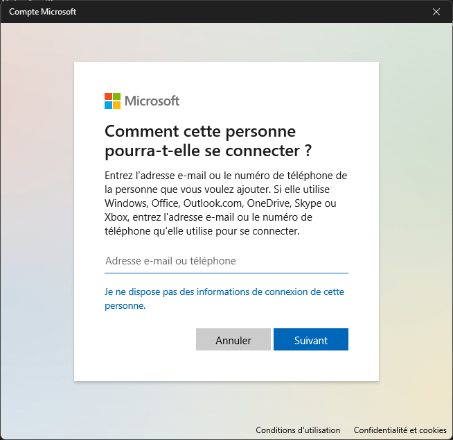 Choix des informations de connexion Microsoft